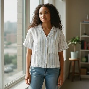 Buffalo David Bitton White and Blue Linen Blend Striped Button Down Shirt